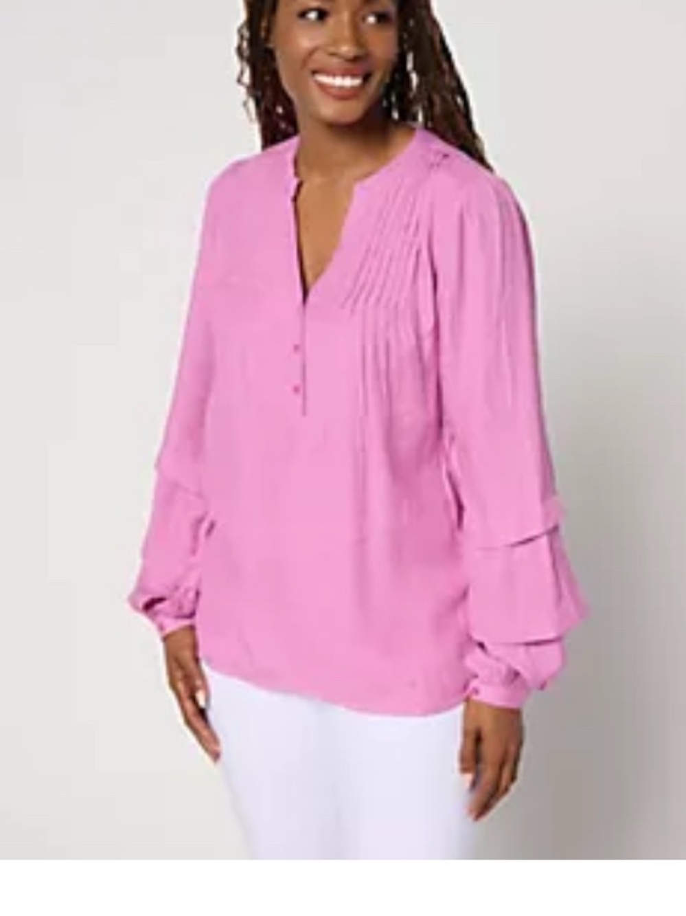 Nicole Miller Pucker Split Neck Mauve Blouse Top Blouson Sleeves Lightweight 1X